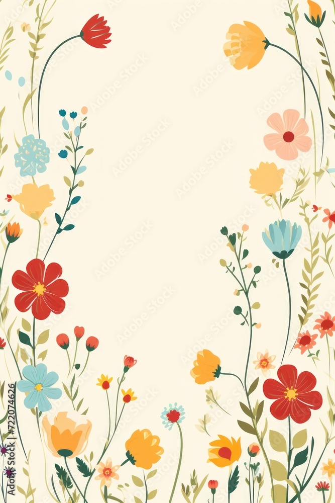 cute cartoon flower border on a light beige background, vector, clean