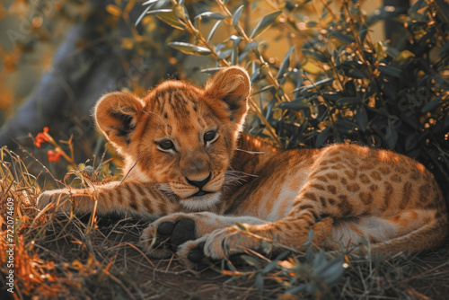 A moment of peaceful repose, highlighting the lion cub's serenity amidst nature's beauty