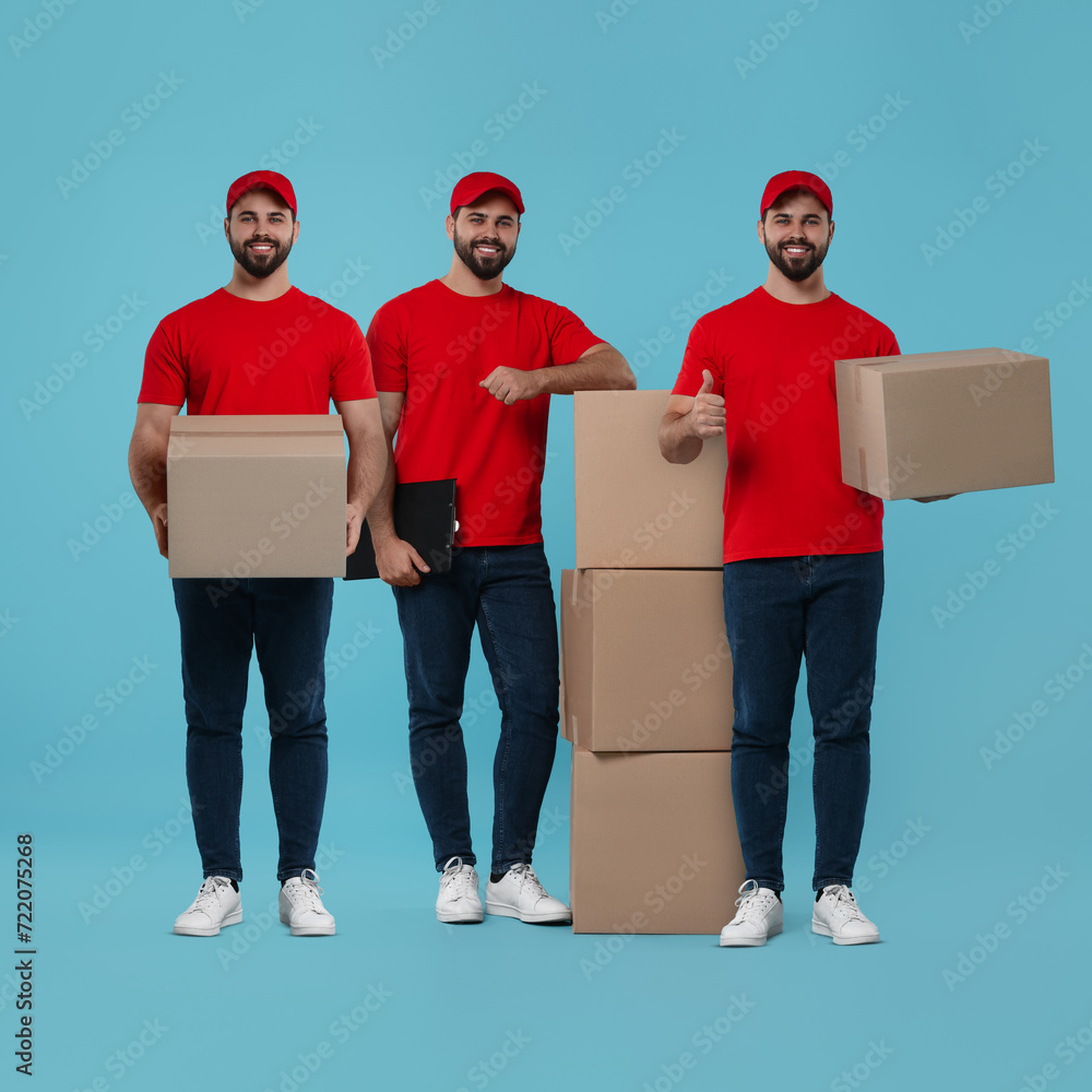Delivery service. Happy courier with cardboard boxes on light blue background, collage of photos Delivery service. Happy courier with cardboard boxes on light blue background, collage of photos