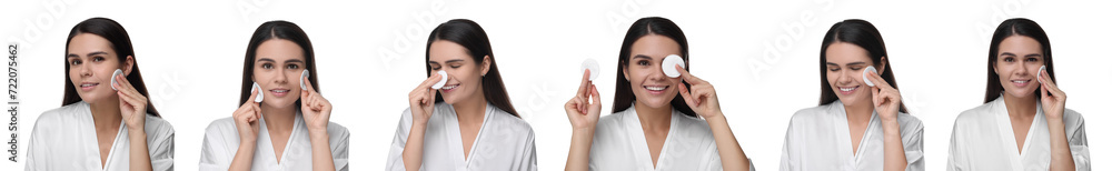 Beautiful woman with cotton pads on white background, set of photos Beautiful woman with cotton pads on white background, set of photos