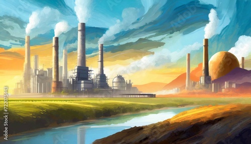 Illustration of factory in nature landscape with big chimney smoke, air pollution. Sustainability, industry, manufacturing, emission concept. ai generated. photo