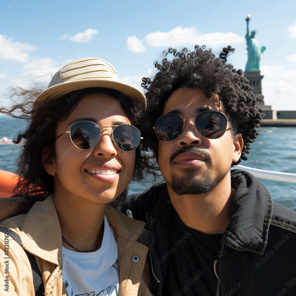 Tourists taking selfie on ferry, with Statue of Liberty in the background, New York City. Tourists taking selfie on ferry, with Statue of Liberty in the background, New York City.