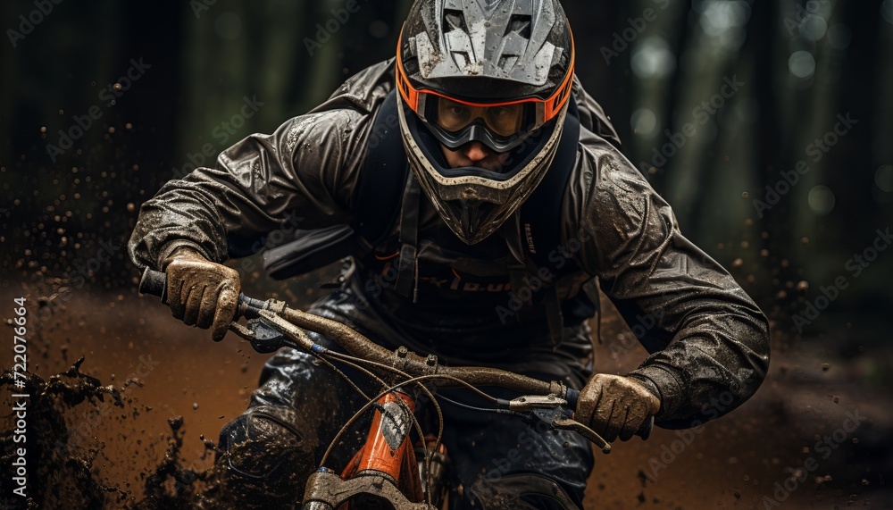 Fearless man conquering forest trails on a mountain bike, surrounded by natural beauty Fearless man conquering forest trails on a mountain bike, surrounded by natural beauty