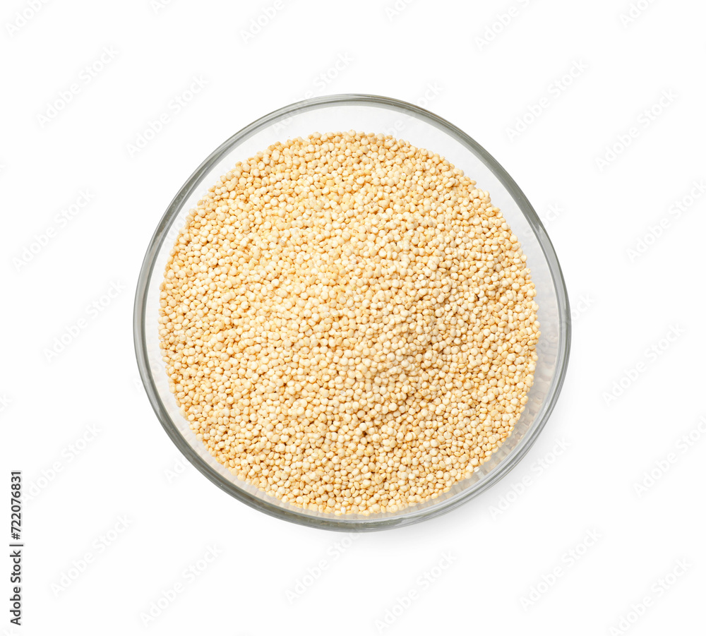 Raw quinoa in glass bowl isolated on white, top view Raw quinoa in glass bowl isolated on white, top view