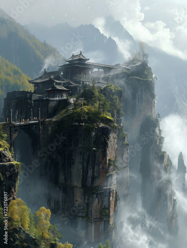 The painting of some mountains and this chinese structure. © imlane