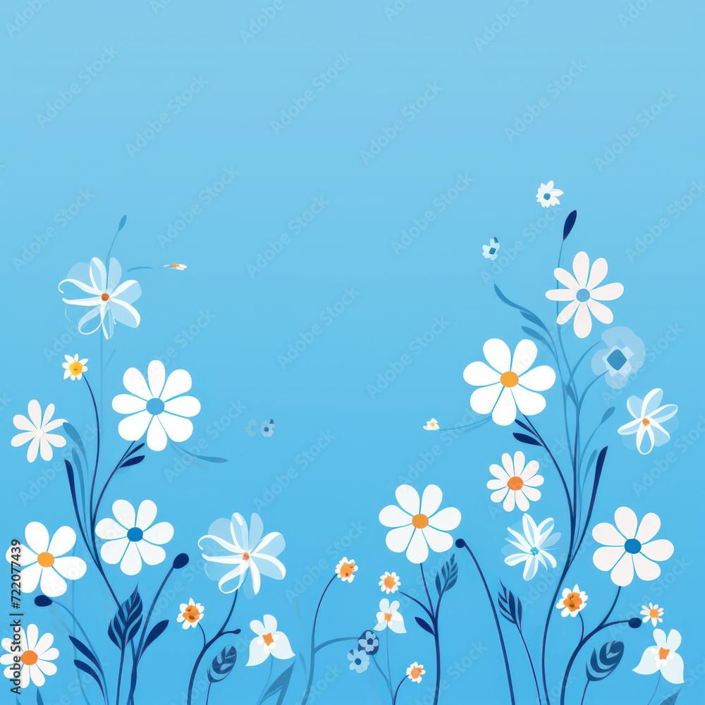 cute cartoon flower border on a light electric blue background, vector, clean