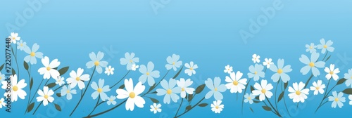 cute cartoon flower border on a light electric blue background, vector, clean