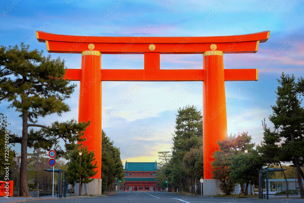 Kyoto, Japan - April 2 2023: Heian Shrine built on the occasion of 1100th anniversary of the capital's foundation in Kyoto, dedicated to the spirits of the first and last emperors who reigned the city Kyoto, Japan - April 2 2023: Heian Shrine built on the occasion of 1100th anniversary of the capital's foundation in Kyoto, dedicated to the spirits of the first and last emperors who reigned the city