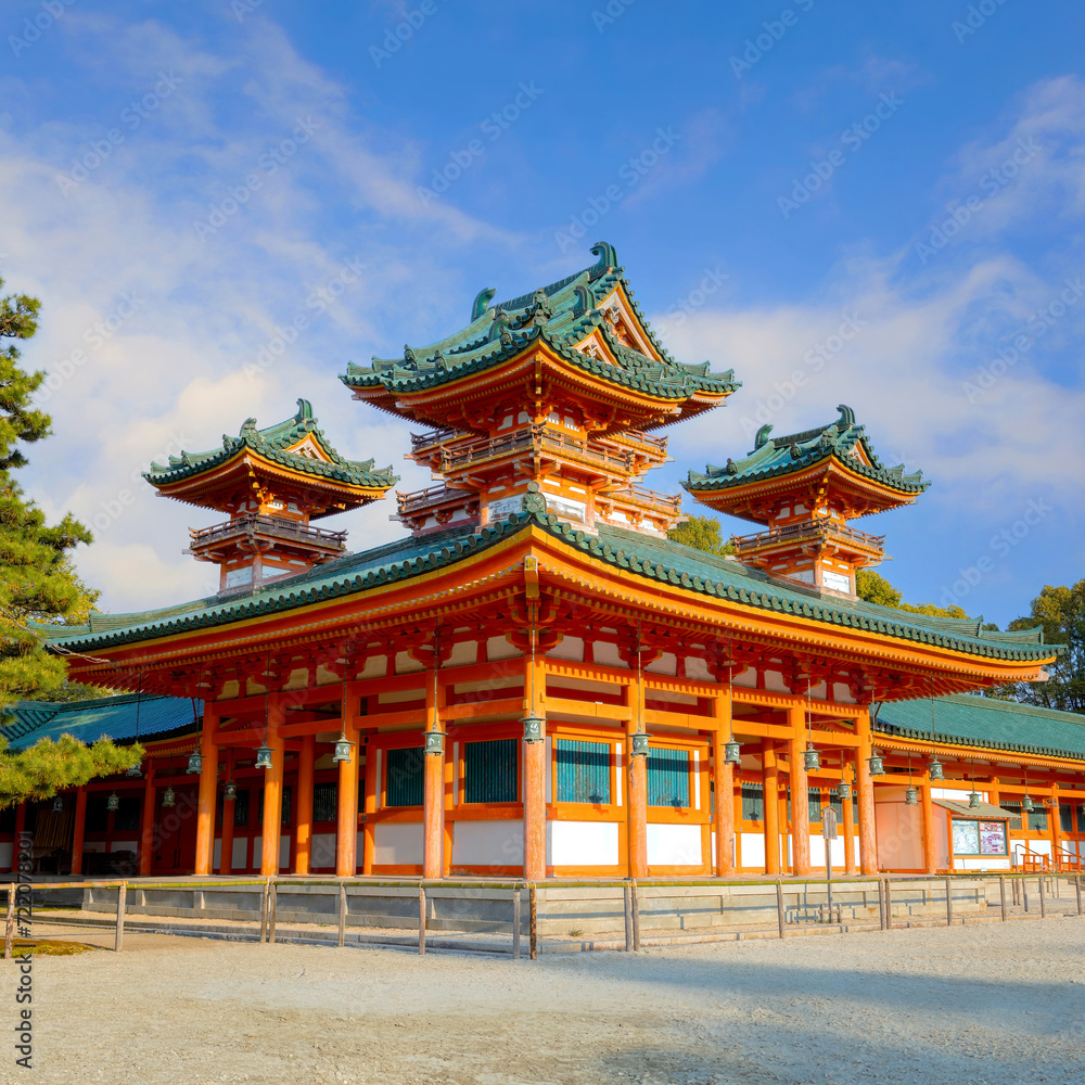 Kyoto, Japan - April 2 2023: Heian Shrine built on the occasion of 1100th anniversary of the capital's foundation in Kyoto, dedicated to the spirits of the first and last emperors who reigned the city Kyoto, Japan - April 2 2023: Heian Shrine built on the occasion of 1100th anniversary of the capital's foundation in Kyoto, dedicated to the spirits of the first and last emperors who reigned the city