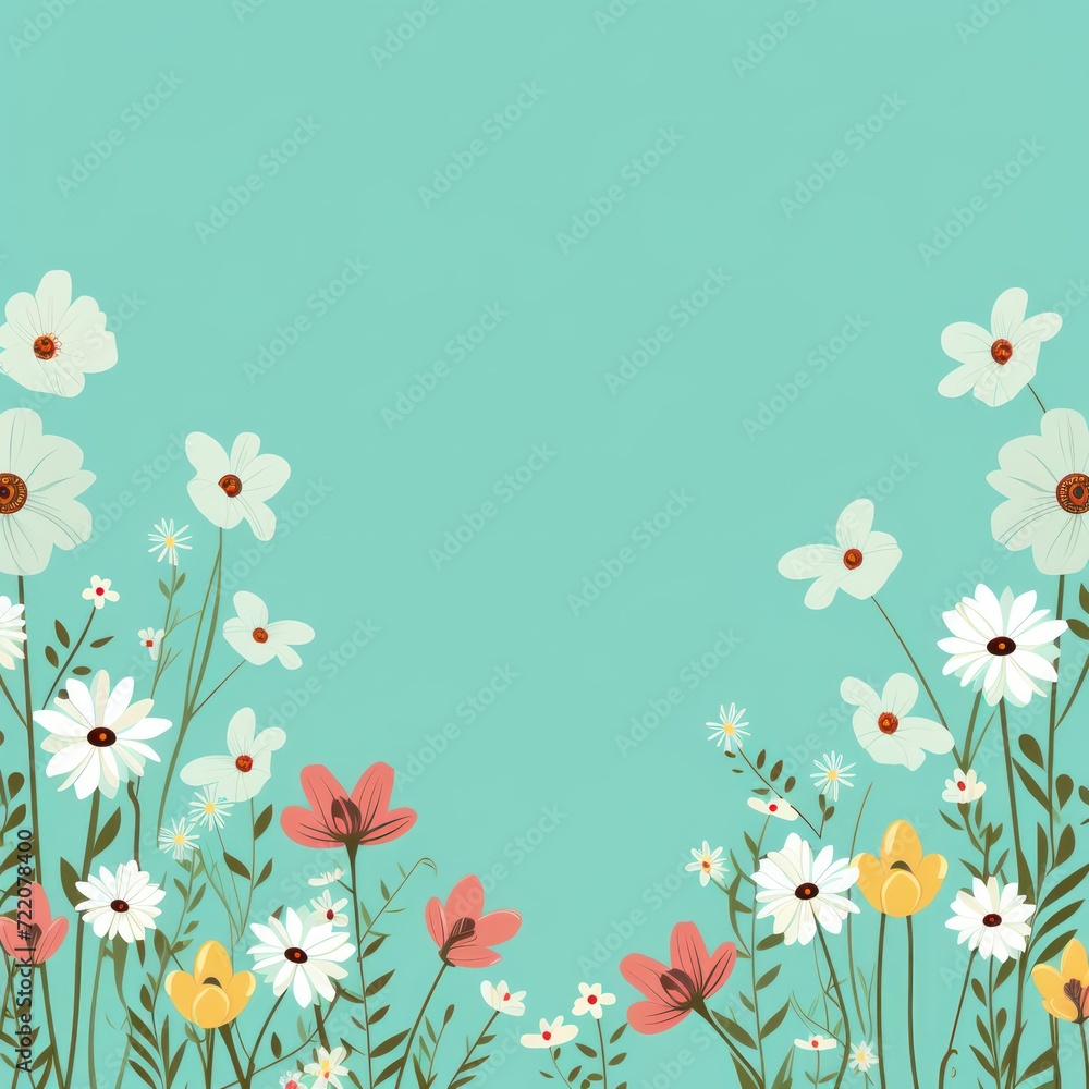 cute cartoon flower border on a light green background, vector, clean