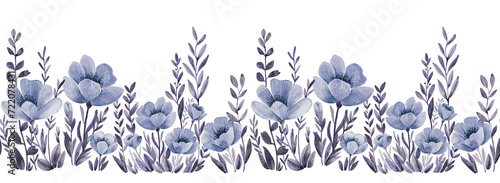 Seamless border with delicate blue meadow flowers, watercolor illustration. photo