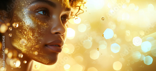  A beautiful black woman portrait gold hydrating serum molecules structure on the face, light background