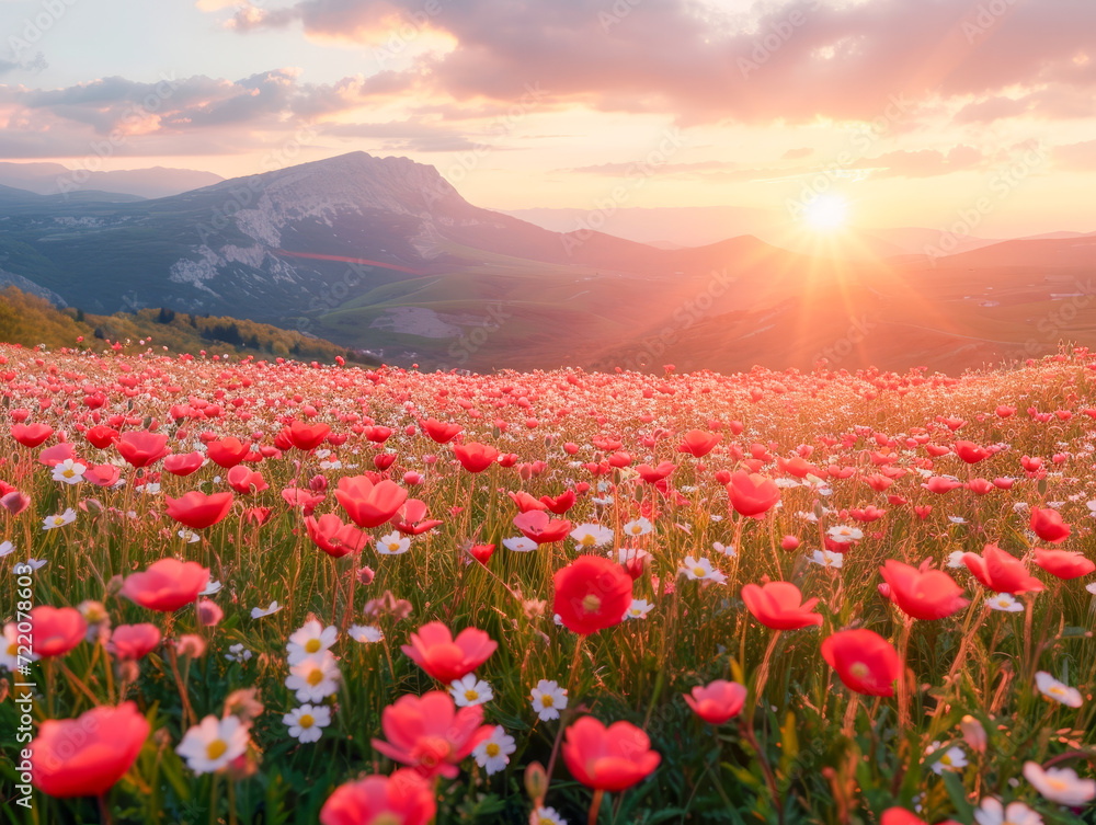 Field of red poppies with a stunning sunset in the background.
