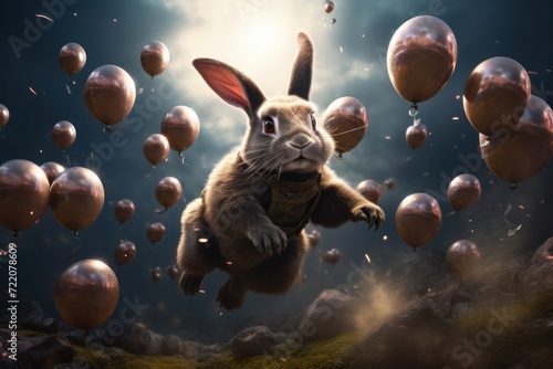 Happy Easter greeting banner or card with fun bunny  jumping up above pile of many colored Easter eggs. Beautiful clouds on background. Trendy conceptual Easter greeting card with warm wishes