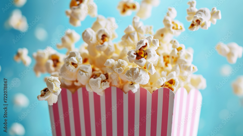 Delicious popcorn scattering from pink striped cardboard box on pastel light background. Copy space. Generative AI Delicious popcorn scattering from pink striped cardboard box on pastel light background. Copy space. Generative AI