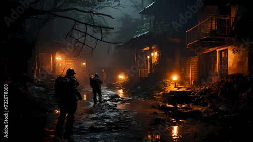 Special forces team infiltrating an enemy compound under the cover of darkness
