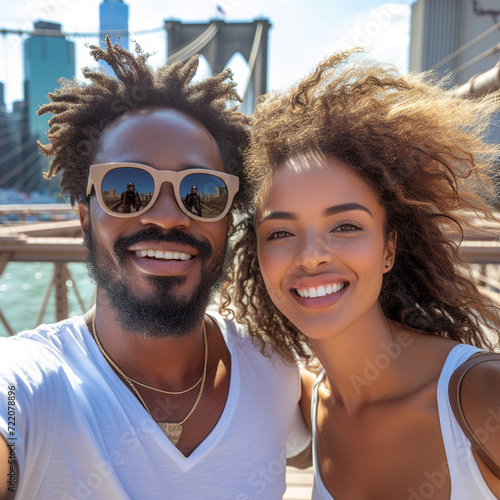 Tourists taking selfie on Brooklyn Bridge, New York City on warm, sunny day. © Bogna
