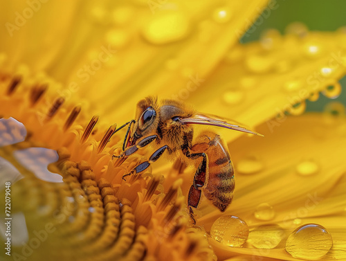 Bee in yellow pollen pollinates and collects sunflower nectar, honey