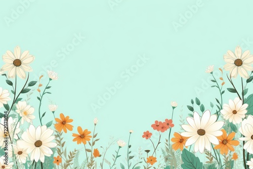 cute cartoon flower border on a light mint green background, vector, clean