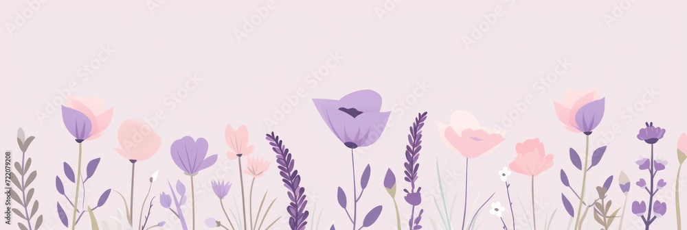 cute cartoon flower border on a light lilac background, vector, clean