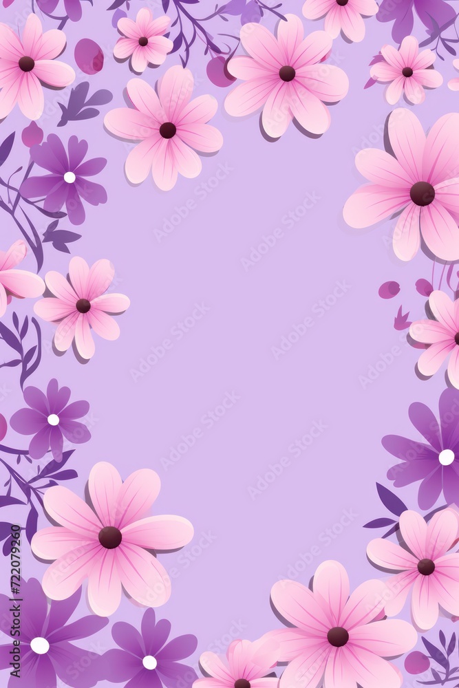 cute cartoon flower border on a light lilac background, vector, clean