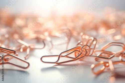 Copper paperclips on white table with light. Generative AI photo