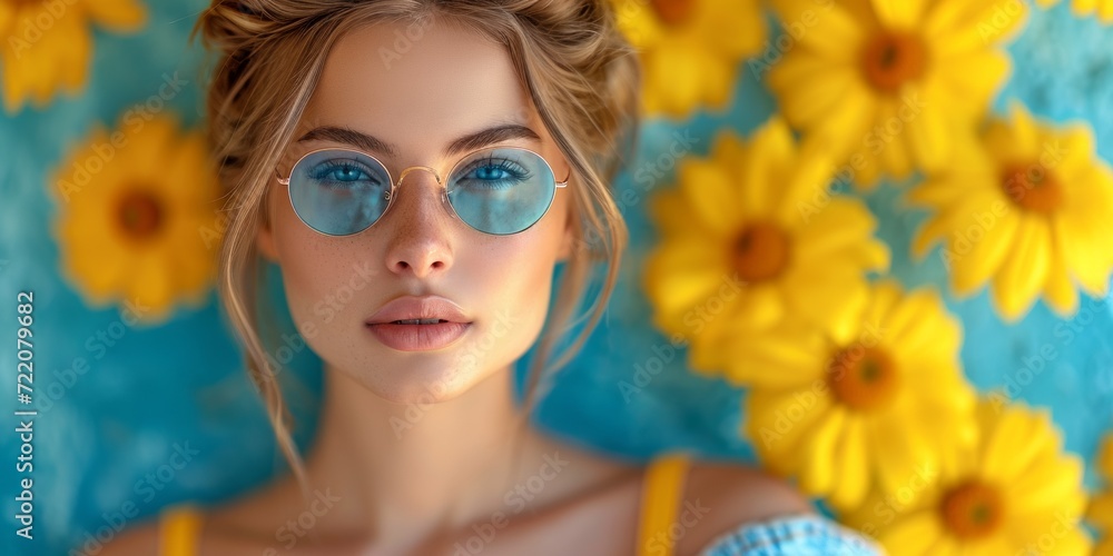 Φωτογραφία Stylish glamour with sunglasses, a young woman in a floral background exudes beauty and fashion