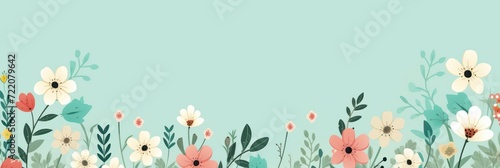 cute cartoon flower border on a light mint background, vector, clean 