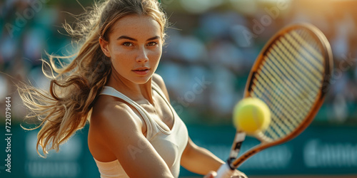 Strong and sexy tennis player, a young Caucasian woman, competes in a tournament with determination. © Iryna