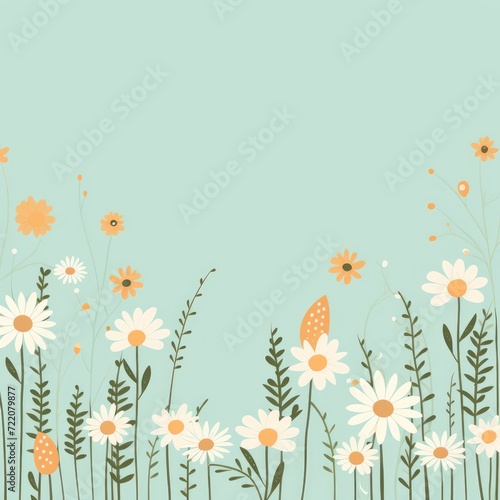 cute cartoon flower border on a light mint background, vector, clean 