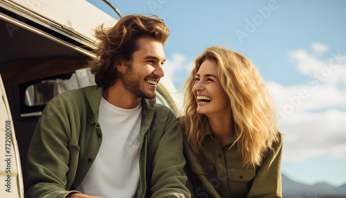 Roadside Romance: Happy Couple Creating Memories Outdoors in Their Camper Van