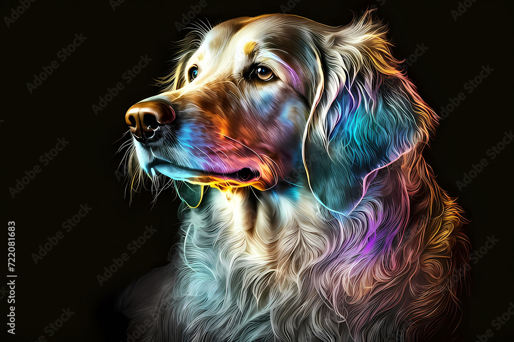 photo portrait of dog in neon colors on a dark background