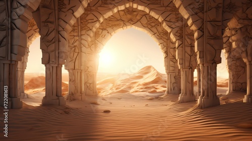 Sunlight filtering through ancient desert arches, casting intricate patterns on the sandy ground