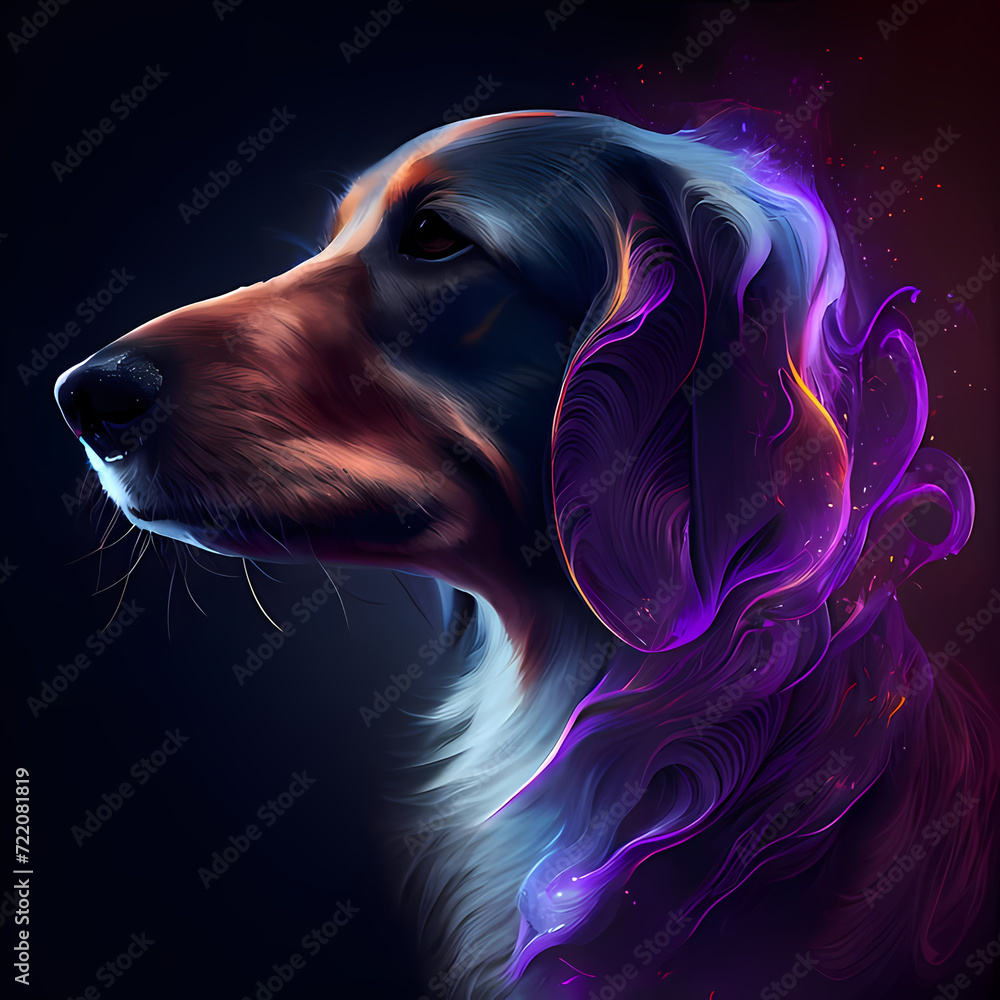 photo digital illustration of a retriever in neon light abstract background