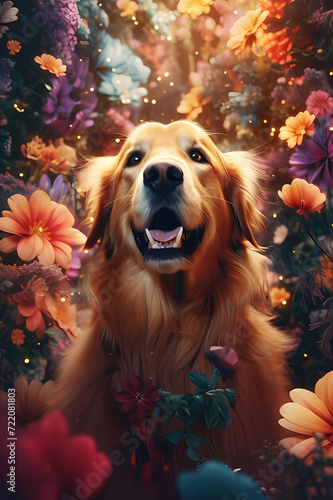 photo ai generated illustration of a golden retriever dog sitting among a stunning array of wildflowers