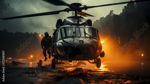 Special forces unit rappelling from a helicopter onto a rooftop for a rescue mission