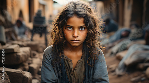 Poor, homeless sad girl child, poverty concept
