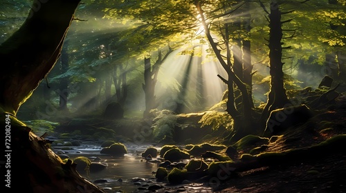 Sunlight filtering through the branches of a tree in a dense and enchanting forest