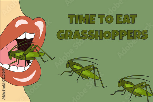 Design Entomophagy trend 2024 banner. Time to eat Grasshoppers. Insects eco friendly alternative meat. Vector illustration. EPS 10. Editable stroke