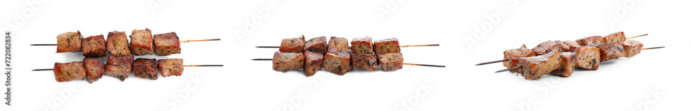 Delicious shish kebabs isolated on white, set