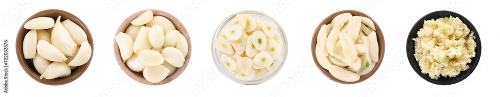 Fresh garlic in bowls isolated on white, top view Fresh garlic in bowls isolated on white, top view
