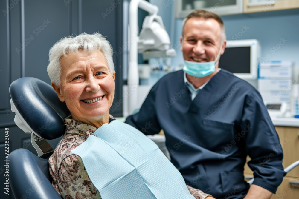 A senior woman beams with a healthy smile while seated in a dental chair. Satisfied senior woman at dentist's office looking at camera. Dental care concept. A senior woman beams with a healthy smile while seated in a dental chair. Satisfied senior woman at dentist's office looking at camera. Dental care concept.