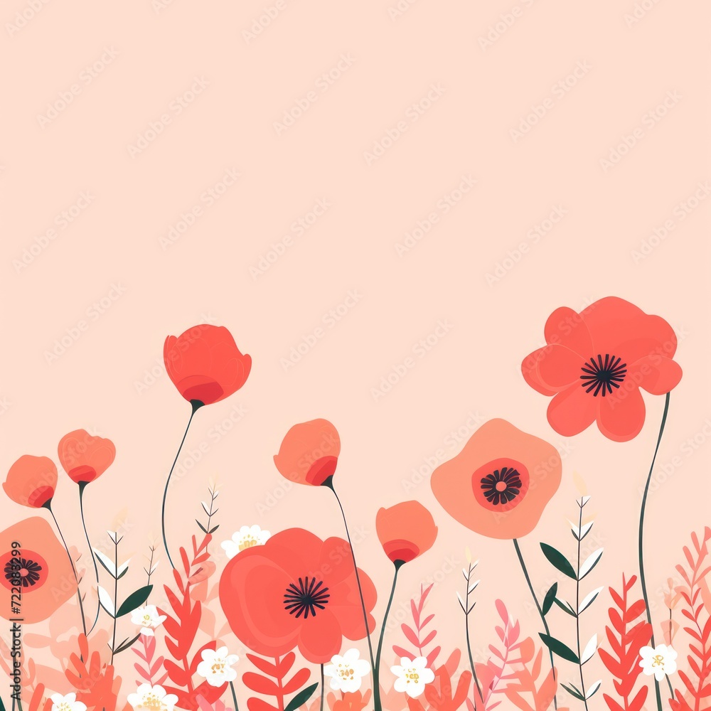 cute cartoon flower border on a light rose gold background, vector, clean 