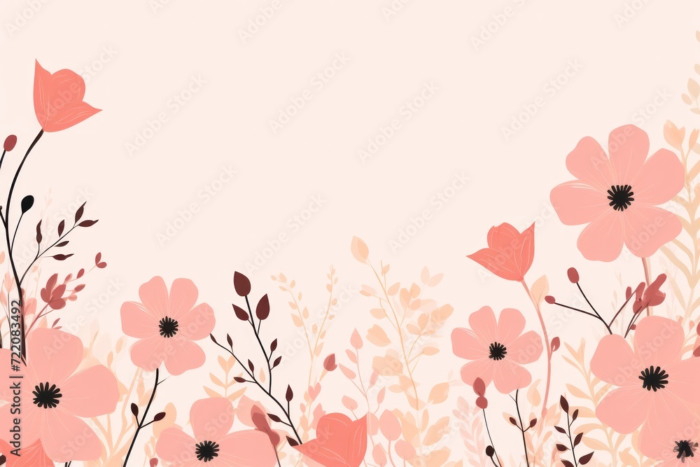 cute cartoon flower border on a light rose gold background, vector, clean 