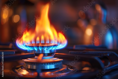 Natural gas burning on kitchen gas stove. Panel from steel with a gas ring burner close up