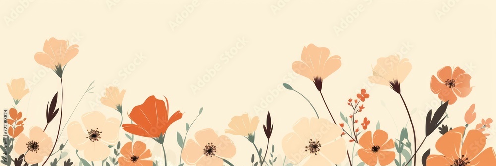 cute cartoon flower border on a light rust background, vector, clean 