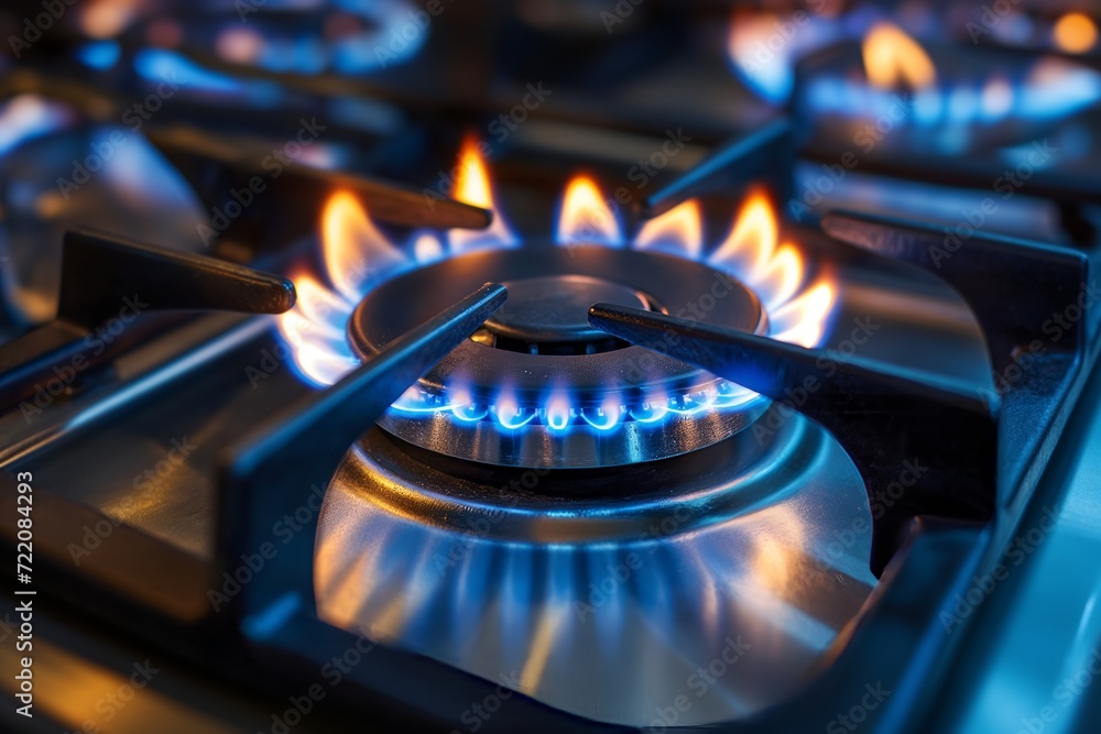 Natural gas burning on kitchen gas stove. Panel from steel with a gas
