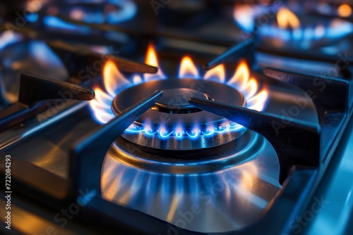 Natural gas burning on kitchen gas stove. Panel from steel with a gas ring burner close up photo