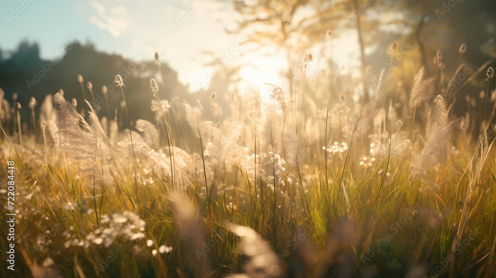 Sunlight streaming through tall grass in a meadow, creating a dreamy atmosphere