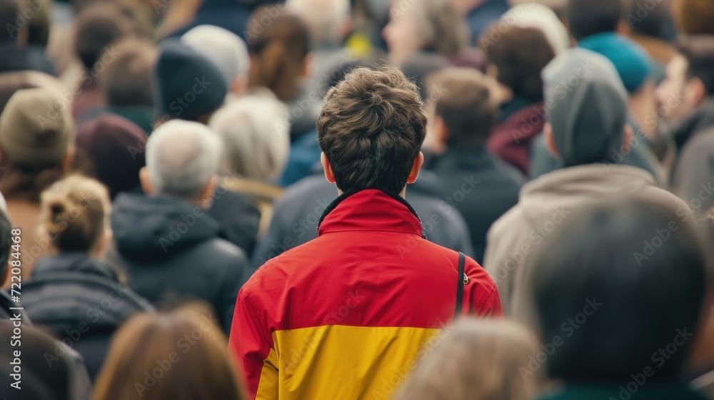 A young man stands out in bright red and yellow clothes among the gray crowd. creative and different from others